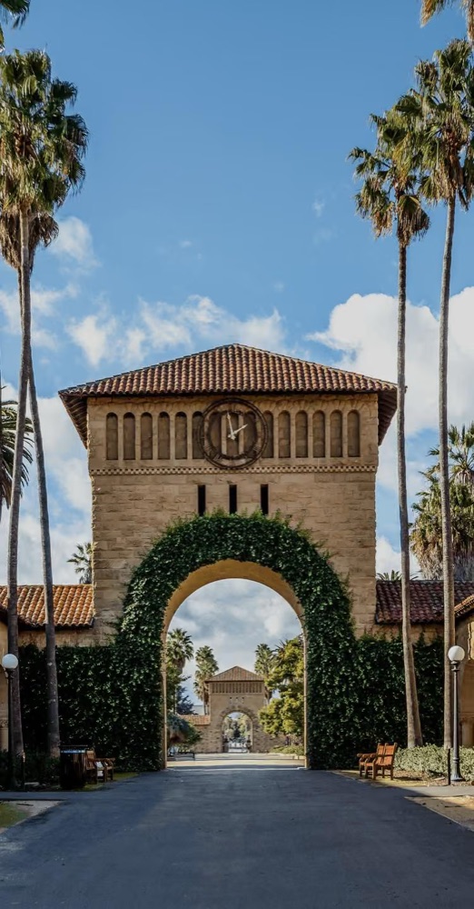 Ivy-covered arch under a clock tower framed by palms