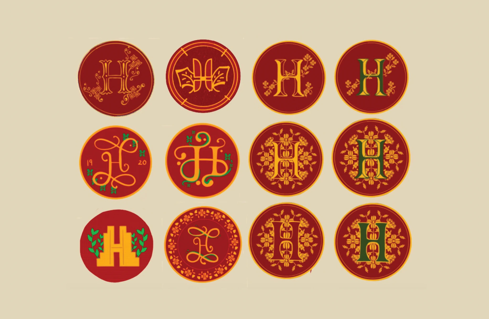 Twelve iterations of the crest: different H letterforms, flourishes, floral borders and red, gold and green color variations
