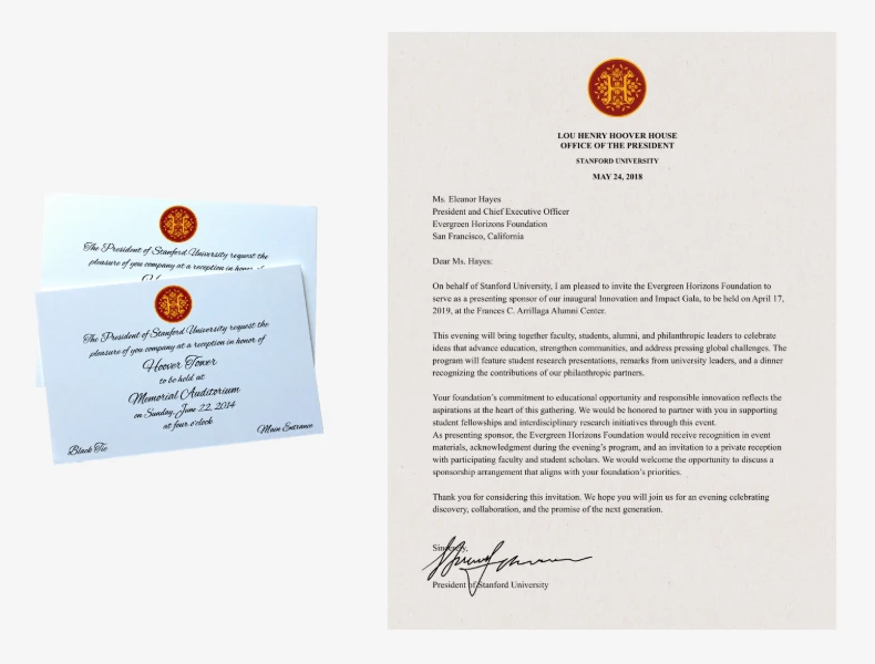Invitation cards and a letter on Office of the President letterhead, each with the crest