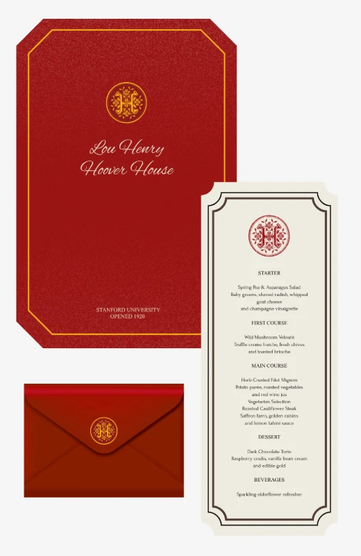 Red Lou Henry Hoover House folder, sealed envelope and dinner menu with the crest