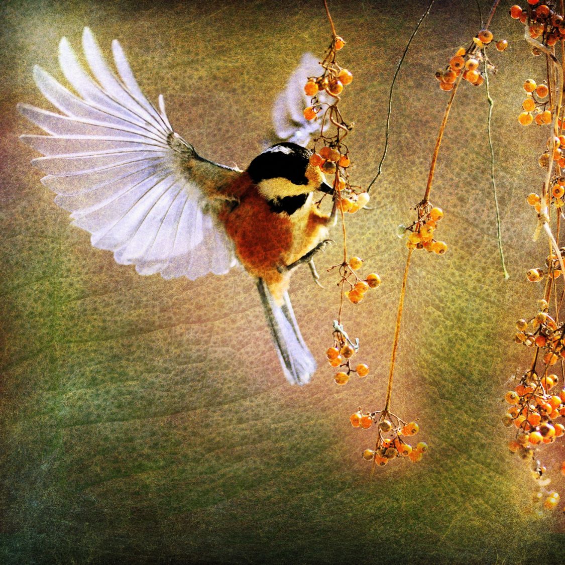 A small bird in flight reaching for orange berries