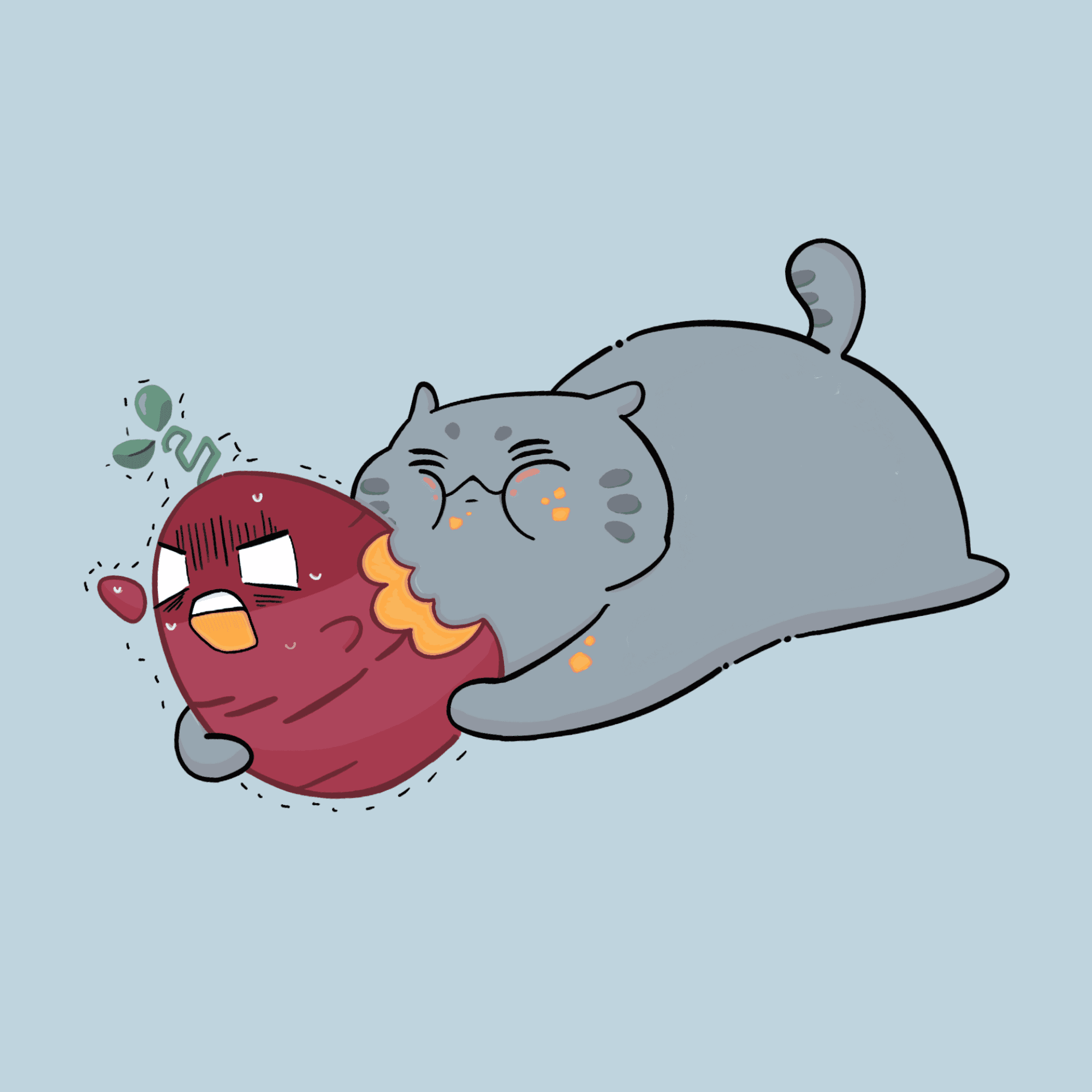 A grey cat in glasses biting into a startled sweet potato
