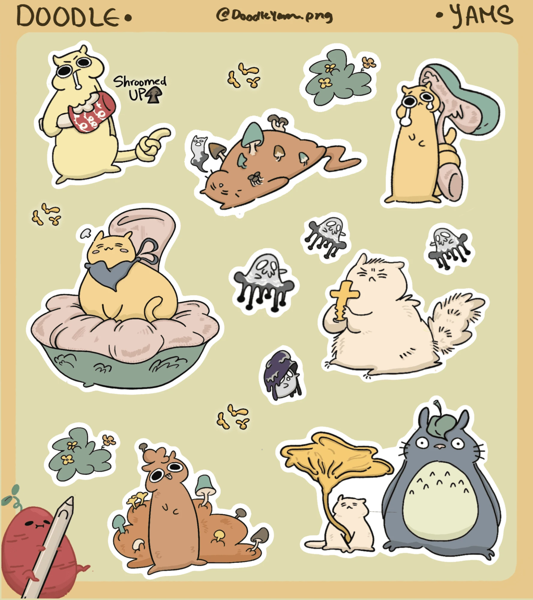 Doodle Yams sticker sheet: cats, mushrooms and ghosts in muted greens and creams