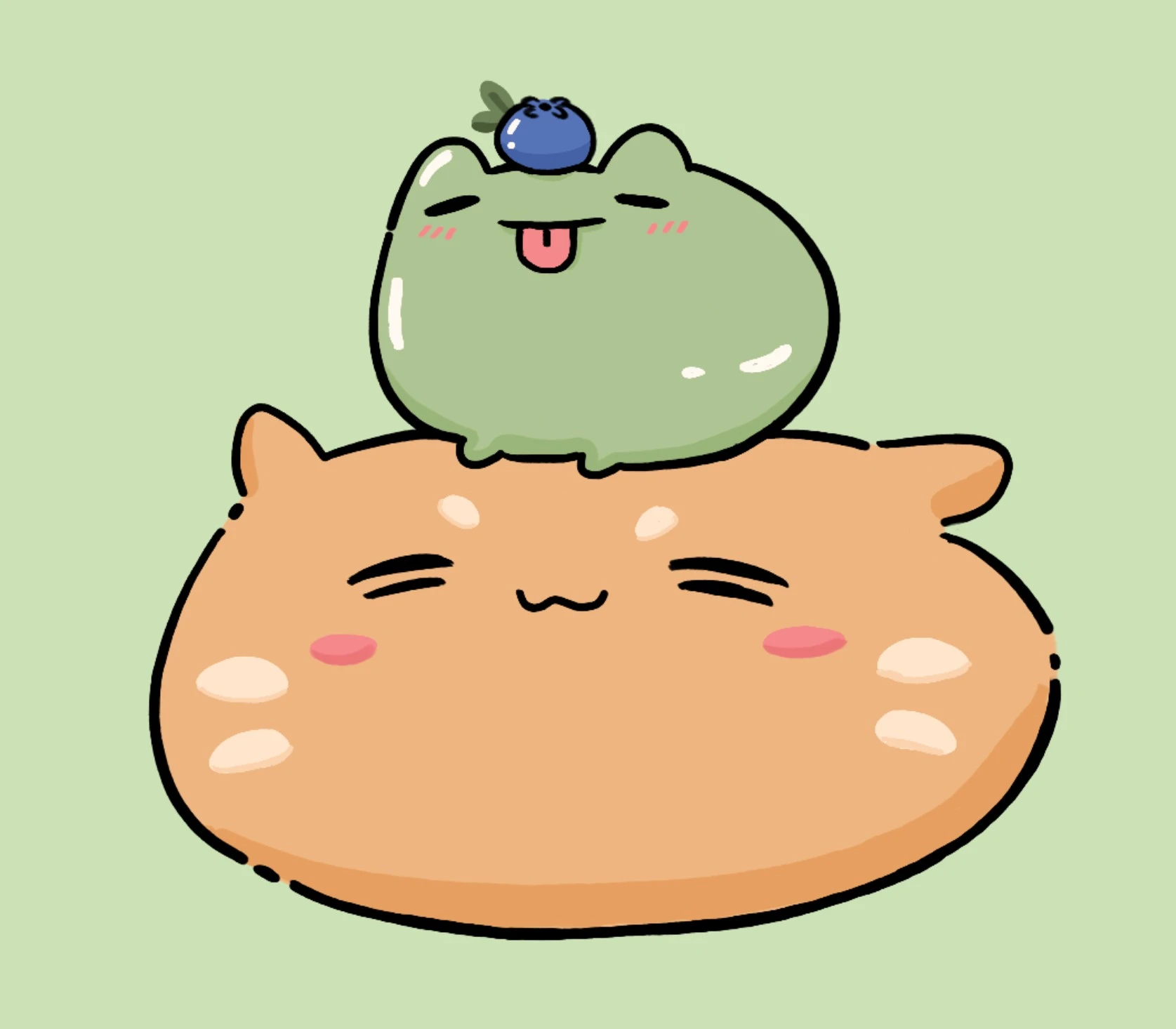 A green frog with a blueberry hat sitting on a sleepy orange cat
