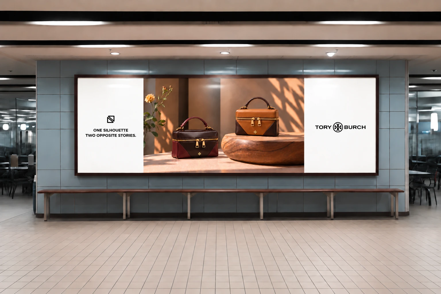 Campaign billboard in a station: the pair mark and slogan beside both bags and the Tory Burch logo