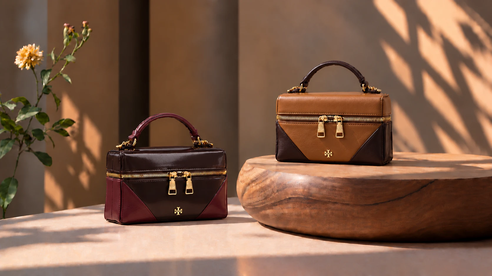 Two vanity-case bags: one in espresso patent leather with oxblood corners, one in cognac leather with chocolate corners