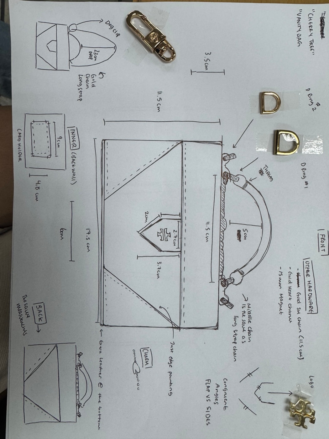 Hand-drawn spec sketch of the vanity bag with measurements, hardware samples taped on