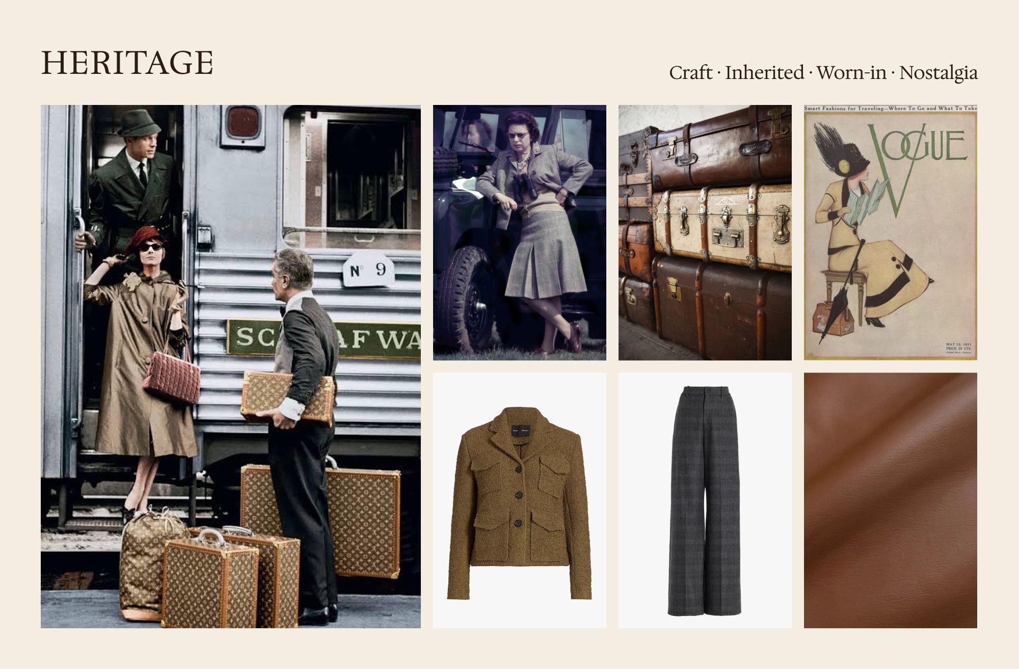 Heritage trend board: vintage train travel, steamer trunks, tweed, a 1911 Vogue travel cover, cognac leather, with keywords and a cognac, chocolate, olive and gold palette