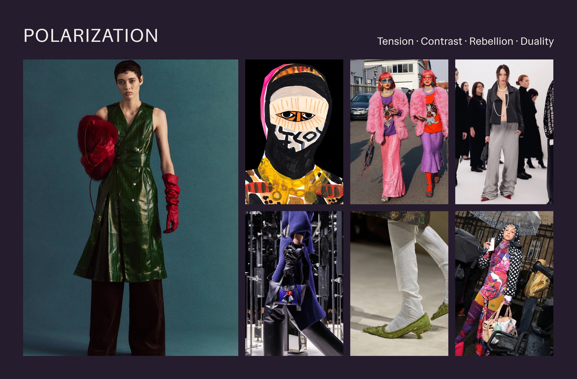 Polarization trend board: green patent dress with red gloves, painted mask portrait, pink street style, pinstripe with sweatpants, cobalt bag, beaded green heels and polka dots, with keywords and an espresso, oxblood, red, cobalt and gold palette